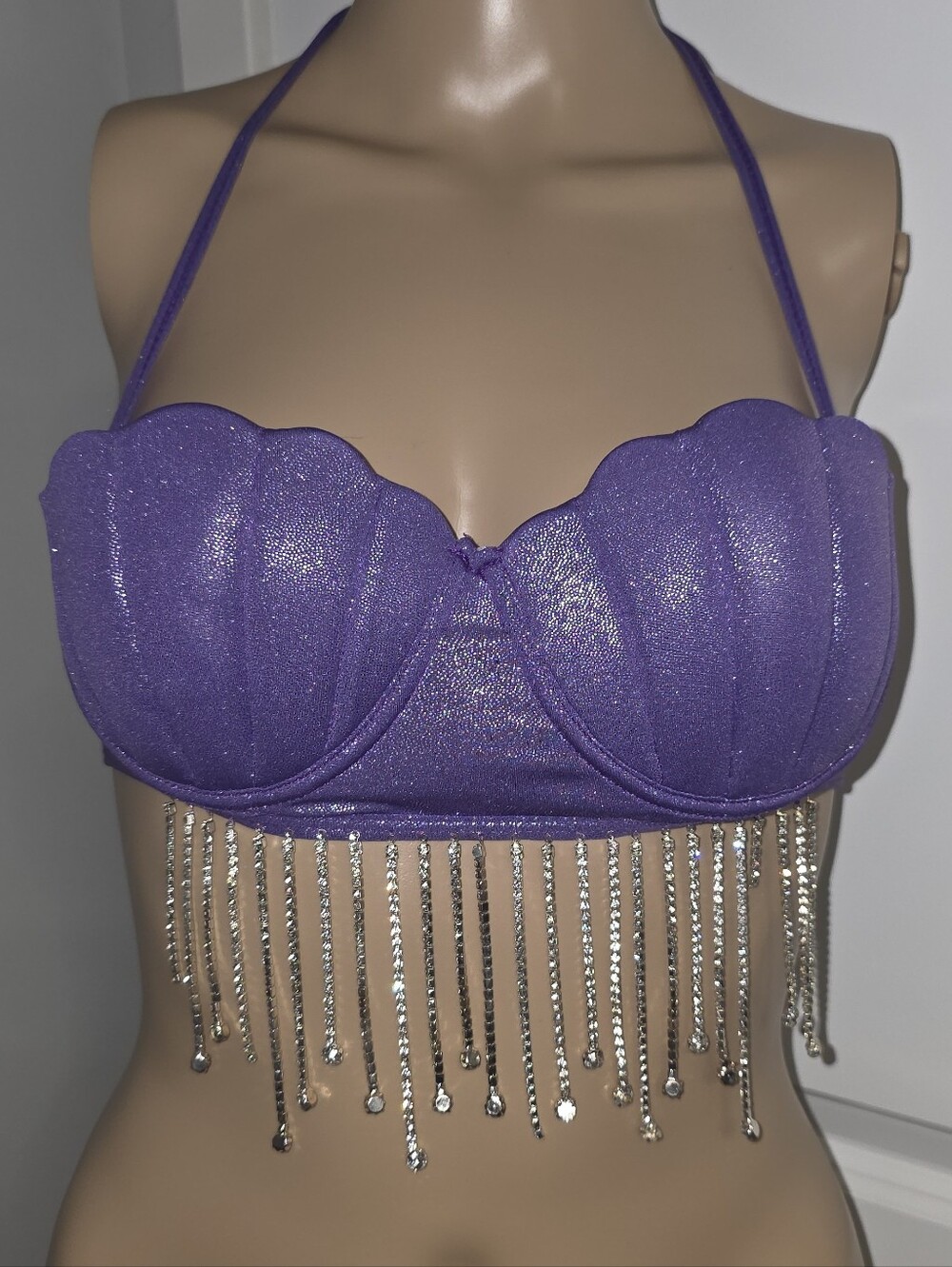 Fashion Nova Purple Mermaid Seashell Rhinestone Fringe Crop Top Halter Bra XS/S